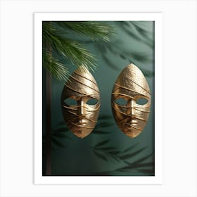 3d Digital Rendering Of Two Pine Leaf Masks One Embodies Tragedy With Solemn Eyes And Downturned Mo Art Print