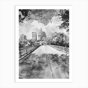 Congress Avenue Bridge Austin Texas Black And White Watercolour 1 Art Print