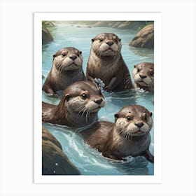 Cute Otter Family in River Art Print