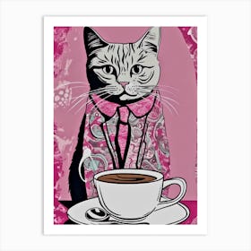 Cat In A Pink Paisley Suit Having Coffee Art Print