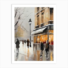 Paris cafes, winter season, Christmas, autumn oil colors, pale colors, pedestrians in the street, winter clothes, falling snow.Christmas decorations.9 2 Art Print