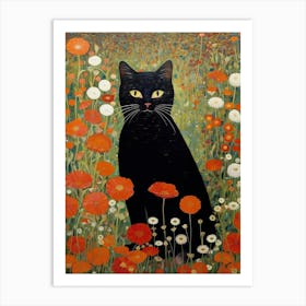 Gustav Klimt Garden, Black Cat With Orange Flowers Art Print