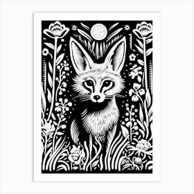 Fox In The Forest Linocut Illustration 5  Art Print
