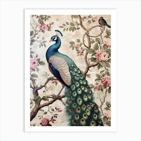 Vintage Floral Peacock Wallpaper Inspired With Another Bird Art Print