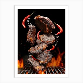 BBQ, Grilled pork, beef steaks — Food kitchen poster/blackboard, photo art Art Print