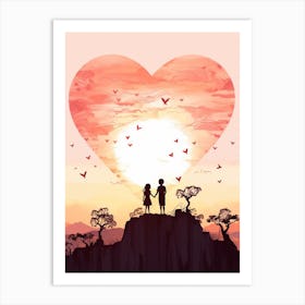 Two Children In The Sunset Holding Hands Heart Illustration Art Print