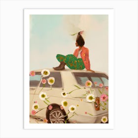 Woman Sitting On Car Roof With Flowers Art Print