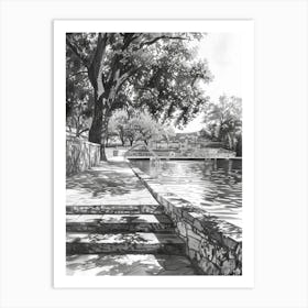 Barton Springs Pool Austin Texas Black And White Drawing 3 Art Print