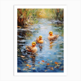 Ducklings Swimming In The River Impressionism 2 Art Print