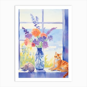 Cat With Floxglove Flowers Watercolor Mothers Day Valentines 3 Art Print