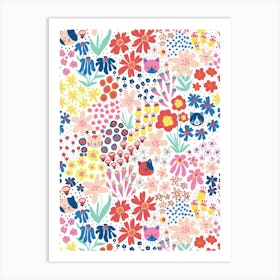 Happy Cats Hiding in the Flower Field - Pink, Yellow, Red, Blue, on White Kids Art Print