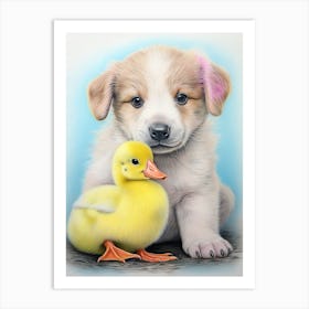 Duckling & A Puppy Illustration Art Print