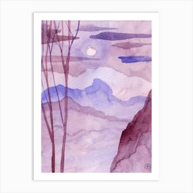 Purple Misteria 2 - watercolor vertical nature moon night trees mauve lilac hand painted Art Print