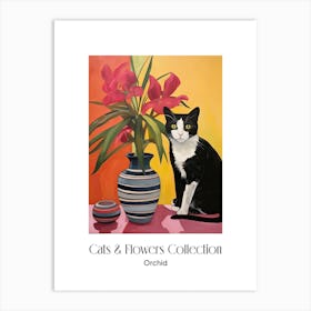 Cats & Flowers Collection Orchid Flower Vase And A Cat, A Painting In The Style Of Matisse 0 Art Print