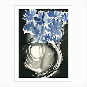 Blue Flowers In A White Vase - ink watercolor hand painted floral vertical Art Print