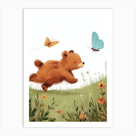 Brown Bear Cub Chasing After A Butterfly Storybook Illustration 4 Art Print