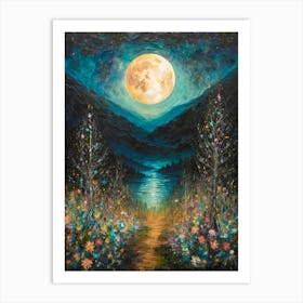 Full Moon Over Wildflowers Meadow Path Mountains and Lake| Colorful Witchy Magical Print | Neutral Tones Country Art Pagan Scenery for Feature Wall Decor Meadow Painting in HD Art Print