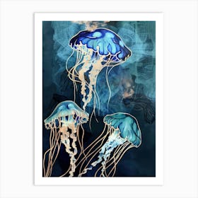 Jellyfish Painting Gold Blue Effect Collage 4 Art Print