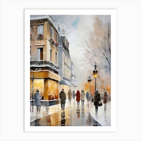 Paris cafes, winter season, Christmas, autumn oil colors, pale colors, pedestrians in the street, winter clothes, falling snow.Christmas decorations.8 Art Print