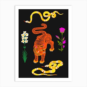 Tiger And Snakes Flowers Art Print