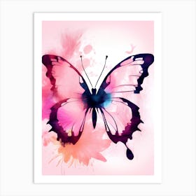 Butterfly In Watercolor On Pink Background Art Print