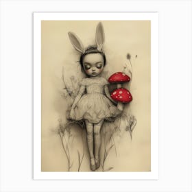 Woodland Doll Girl Bunny Ears Goth Fantasy Drawing Art Print