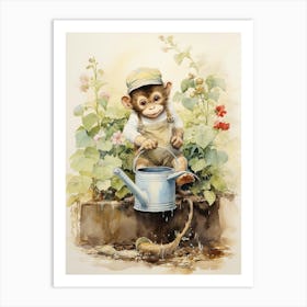 Monkey Painting Gardening Watercolour 3 Art Print