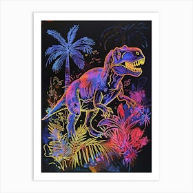 Neon Dinosaur Lines In The Leaves 1 Art Print