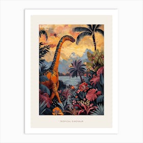 Dinosaur In Tropical Leaves Warm Tones Painting Poster Art Print