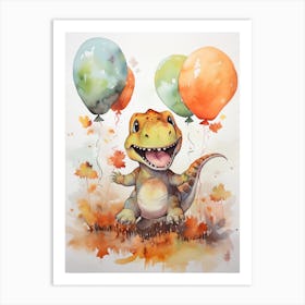 Dinosaur T Rex Flying With Autumn Fall Pumpkins And Balloons Watercolour Nursery 1 Art Print