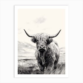 Black & White Illustration Of Highland Cow In Field Art Print