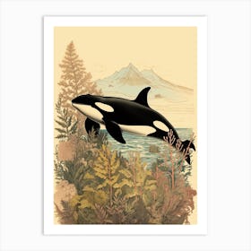 Vintage Orca Whale Drawing With Plants Art Print