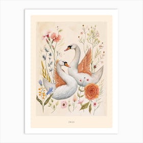 Folksy Floral Animal Drawing Swan 2 Poster Art Print