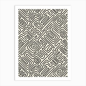 Mod Art Geometric Doodle Maze Grid Black Line Art on Cream White Art Print