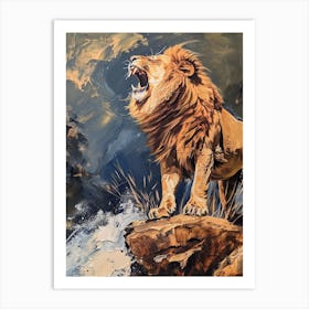 African Lion Roaring On A Cliff Acrylic Painting 1 Art Print