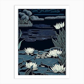 Water Lily Pond Landscapes Waterscape Linocut 2 Art Print