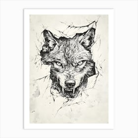 Angry Wolf Watching from Wall Hole 4 Art Print