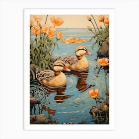 Ducklings In The Flowers Japanese Woodblock Style 2 Art Print