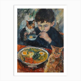 Portrait Of A Boy With Cats Having Ramen 2 Art Print