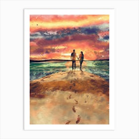 Couple Walking On The Beach At Sunset Art Print