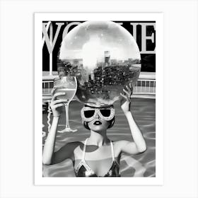 Disco Ball Head In Swimming Pool Black And White Fashion Art Print