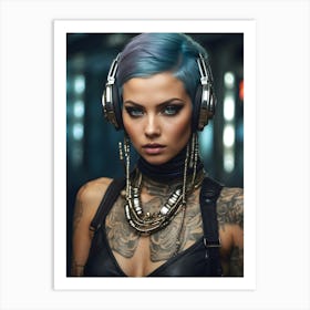 Beautiful Woman With Tattoos And Headphones Art Print