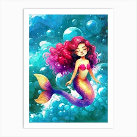 Mermaid, for kids, cute, sea, underwater, bubbles, Art Print