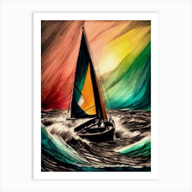 Sailboat In The Turbulent Ocean, Charcoal, Colorful Art Print