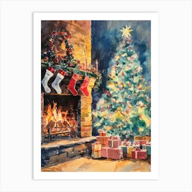 Christmas Tree By The Fireplace. Watercolor Art Print