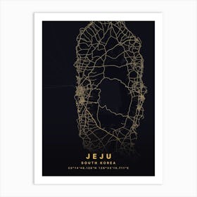 Jeju South Korea Black And Gold Map Art Print