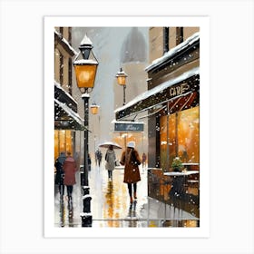 Paris cafes, winter season, Christmas, autumn oil colors, pale colors, pedestrians in the street, winter clothes, falling snow.8 1 Art Print