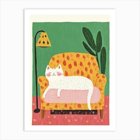 White Cat On The Sofa Colorful Art Print