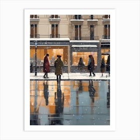 Paris cafes, winter season, Christmas, autumn oil colors, pale colors, pedestrians in the street, winter clothes, falling snow.Christmas decorations.1 2 Art Print