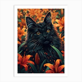 Black Cat In Lilies Art Print